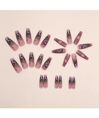 Halloween Press on Nails - Long Coffin Pink Glitter False Nails with Ghosts Hearts Flames & Spiders - Full Cover Acrylic Stick on Nails for Women - Pack of 24 - Buy Online on GoSupps.com