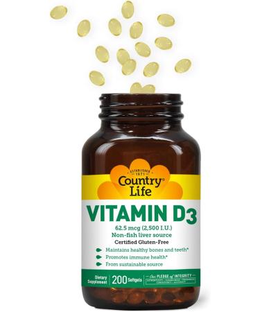 Country Life Vitamin D3 2500 IU (62.5 mcg) - 200 Softgels | Premium Immune Support - Buy Online on GoSupps.com