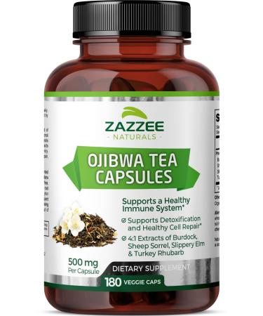 Zazzee Extra Strength Ojibwa Tea 500 mg, 180 Vegan Capsules, Rene Caisse's Original Formula, Burdock, Sheep Sorrel, Slippery Elm, Turkey Rhubarb, Potent 4:1 Extracts, Vegan, Non-GMO and All-Natural