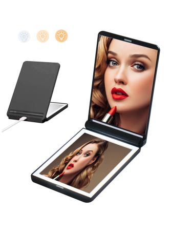 Magnifying Mirror with Light Foldable Compact Mirror 2-Sided Light Up Travel Mirror USB Rechargeable 1X and 2X Portable Mirror Makeup LED Mirror Gifts for Girls Black