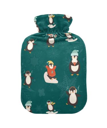 Cute Christmas Penguins and Snowflake Hot Water Bottle with Cover Soft Warm for Winter Bed Hand Neck and Shoulders 1L
