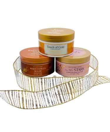 Bath & Body Works Golden Bundle 3-Pack Body Butter Gift Set In The Stars Glowtion Touch of Gold & Warm Vanilla Sugar 6.5 oz each with 30-Inch Metallic Gold & Silver Striped Bow for Holidays - Buy Online on GoSupps.com