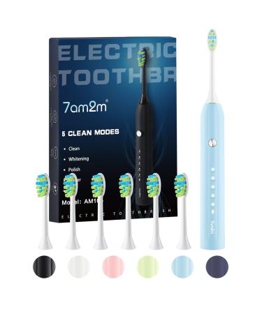 7AM2M Sonic Electric Toothbrush for Adults and Kids One Charge for 90 Days with 6 Brush Heads 5 Modes with 2 Minutes Build in Smart Timer Roman Column Handle Design(Light Blue) Light Blue No Travel Case