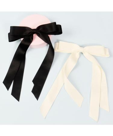 2 Pack Hair Bows for Women Bow Hair Clips French Barrette with Long Silky Satin Hair Ribbons for Women Girls(Black Beige) Beige Black - Buy Online on GoSupps.com