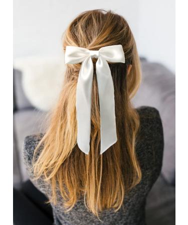 Furling Pompoms Bow Hair Clips - White Satin Ribbon Bows for Women & Girls | Hair Accessories for Party, Wedding, Prom | 2pcs Set - Buy Online on GoSupps.com