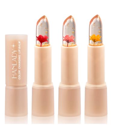 Flower Lip Balm Color Change  Clear Lipstick With Flower Inside  pH Lip Balm for Pink Shade  Long Lasting Moisturizing Waterproof Vegan Lipstick(red+pink+yellow) red/pink/yellow
