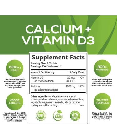Nature's Calcium 1300mg + 800 IU Vitamin D3 | Bone & Immune Support | Non-GMO | 60 Tablets - Buy Online on GoSupps.com