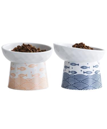 Ceramic Raised Cat Bowls, Tilted Elevated Cat Food and Water Bowls Set, Porcelain Stress Free Pet Feeder Bowl Dish for Cats and Small Dogs, Dishwasher and Microwave Safe, Set of 2 Blue & Orange