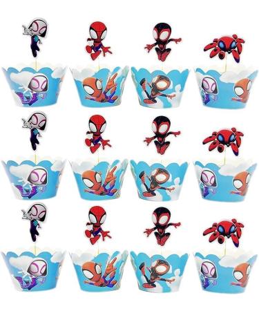 12 Pcs Spider and His Friends Cupcake Decorations Double Sided Toppers and Wrappers Superhero Decorations Boys and Girls Birthday Party Supplies