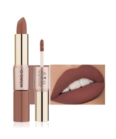 2 In 1 Matte Lipstick Double-head Liquid Lip Gloss Set Long Lasting Non-stick Cup Strong Pigmented Natural Velvety Lip Tint (C08 brownish red)