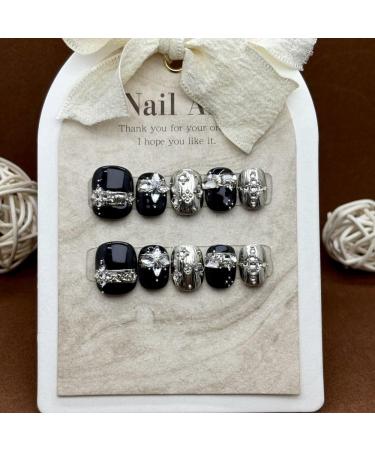 Handmade wearing nail patches black gold sweet and cool style short wearable fake nails detachable 10PCS (Size : XS)