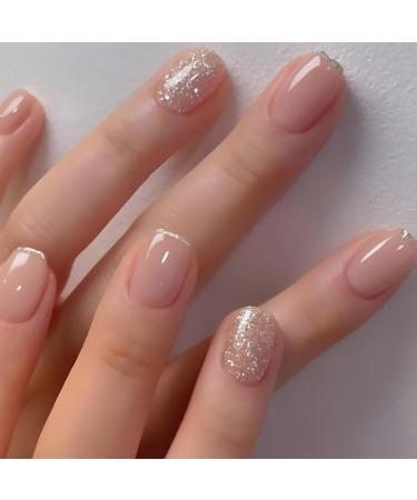 24Pcs Short Press on Nails Square Fake Nails Brown False Nails With Glitter Designs Full Cover Stick on Nails Acrylic Reusable Artificial Nails for Women Glue on Nails Brown with Glitter