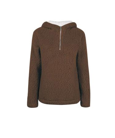 Bigfanshu Women's Dresses Autumn and Winter New Plush Long-Sleeved Hooded Zipper Blouse Coffee