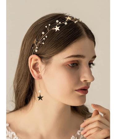 JWICOS Star Girl Headband Earrings Set - Gold Princess Wedding Hair Accessories for Women - Handmade Bridal Barrette with Dainty Bead Star Drop Design - Buy Online on GoSupps.com