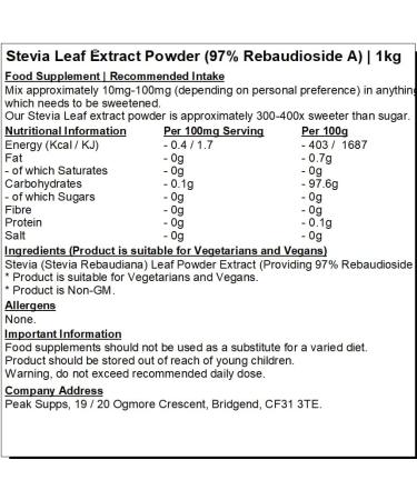 Stevia Leaf Extract Powder 1kg | 97% Rebaudioside A | Natural PLant Based Sweetener | Steviosides - Buy Online on GoSupps.com