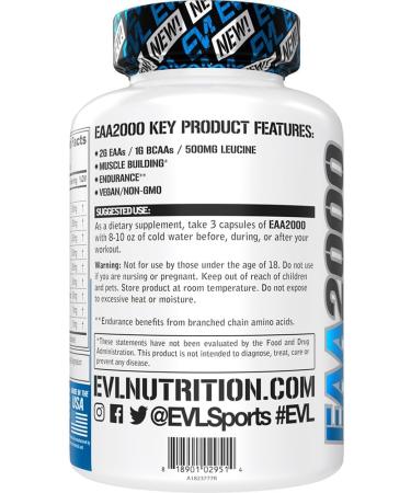 Evlution Nutrition EAA2000 - Essential Amino Acids & BCAAs for Muscle Building Recovery & Endurance - Pre & Post Workout Capsules - 30 Servings - Buy Online on GoSupps.com