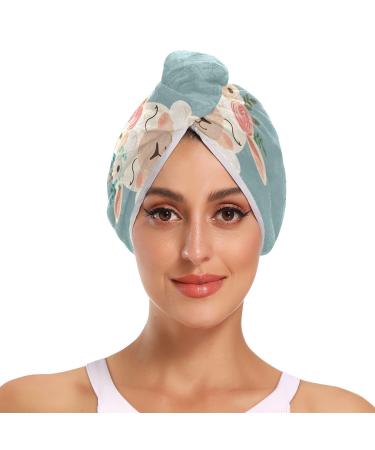 Cute Floral Sheep Hair Towel 2 Pack Super Absorbent Hair Drying Towel Quick Dry Hair Turbans Head Towel with Button Twisty Wrap for Women Girls