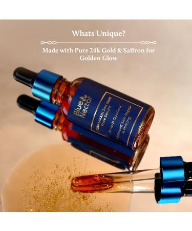 Blue Nectar 24k Gold Serum for Glowing Skin | Natural Kumkumadi Oil Serum for Face Infused with 24K Gold | Ayurvedic Face Serum for Skin Brightening and Skin Firming (24 Herbs 30ml) - Buy Online on GoSupps.com
