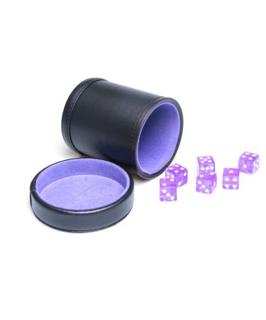PU Leather Dice Cup Purple Velvet Lined Quiet Shaker with Lid Including 6 Purple Translucent Dice for Liars Dice Farkle Yahtzee Board Games