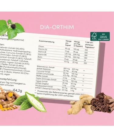 Dia-Orthim 60 Capsules Vegan & Lactose-Free Supplement for Normal Blood Sugar with Bitter Melon Curcuma & Ginger - Laboratory Tested Made in Germany - Buy Online on GoSupps.com