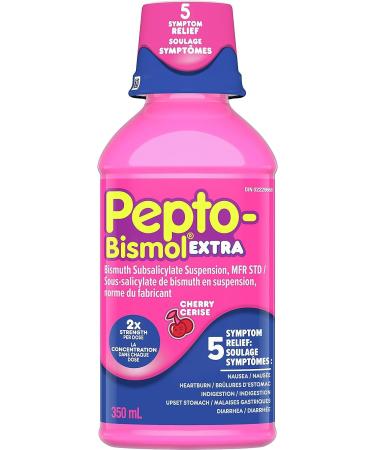 Pepto Bismol Extra Strength Liquid 2X Concentrated Formula Upset Stomach Relief Diarrhea Relief Heartburn Nausea Indigestion Upset Stomach Cherry Flavour 12oz /350mL Cherry 350 mL (Pack of 1)