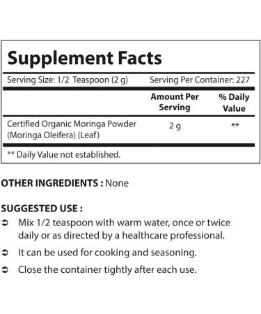 Nova Nutritions Certified Organic Moringa Oleifera Leaf Powder 16 OZ - Superfood Green Powder - Buy Online on GoSupps.com