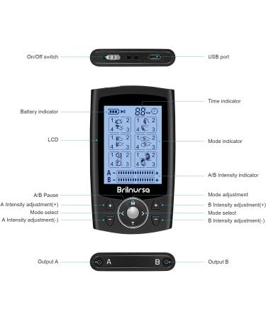 Brilnurse Dual Channel TENS EMS Unit - 24 Modes Muscle Stimulator for Pain Relief | Rechargeable | 10 Pads & Storage Pouch | Black - Buy Online on GoSupps.com