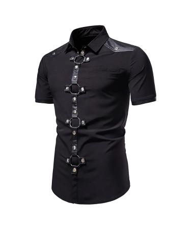 Mens Fashion Slim Gothic Shirts Metal Ring Buttons Top Turn-Down Collar Short Sleeve Loose Comfy Blouse Black 3X-Large