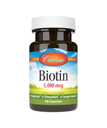 Carlson - Biotin 5000 mcg Healthy Hair Strong Nails & Energy Production 50 Capsules 50 Count (Pack of 1)