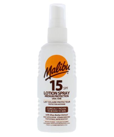 Malibu Sun SPF 15 Lotion Spray Medium Protection Sun Cream Water Resistant Vitamin Enriched with Shea Butter Extract 100ml SPF 15 100 ml (Pack of 1)