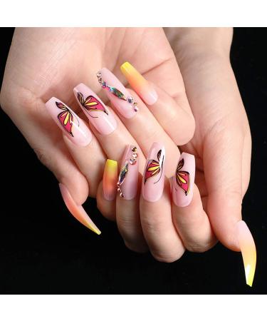 Sethexy Long Gradient Ballerina False Nails | Shiny Pink Orange Butterfly Coffin Acrylic Art Tips | 24pcs for Women & Girls - Buy Online on GoSupps.com
