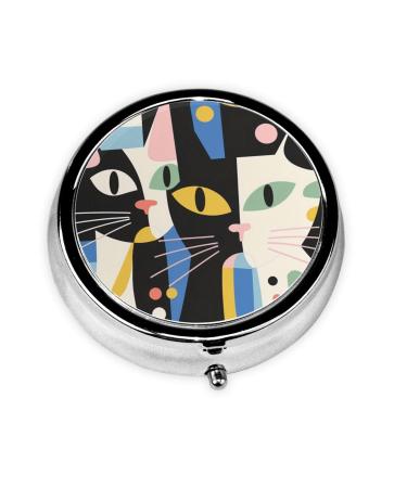 Cute Artistic cat Portable Metal Pill Box Round Mini 3-Compartment Plastic Insert hinged Fastening Design Suitable for Small Pills Must-Have for Travel Black