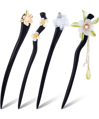 HINZIC 4 Pcs Chinese Japanese Style Hair Sticks Vintage Chinese Chopsticks for Hair Wooden Hair Sticks for Buns Flower Hair Chopsticks Tassel Hair Pin Chinese Hair Accessories for Long Thick Hair