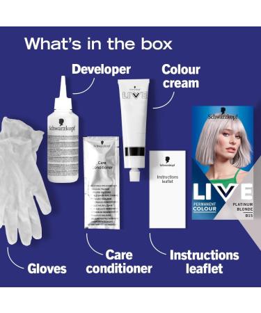 Schwarzkopf LIVE Intense Colour B15 Platinum Blonde Permanent Hair Dye Blonde Hair Colour for Lightening and Colouring in 1 Simple Step Platinum Blonde 100 g (Pack of 1) - Buy Online on GoSupps.com