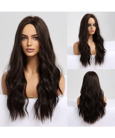 24 Inch Dark Brown Synthetic Wavy Wig for Women - Middle Part Body Wave Cosplay Wig - Buy Online on GoSupps.com