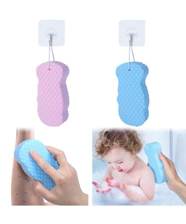 2Pcs Ultra Soft Bath Body Shower Sponge  Resuable Exfoliator Dead Skin Remover Super Soft Exfoliating Bath Sponge with 2 Sticky Hooks for Pregnant Women  Adult and Children(Pink and Blue)
