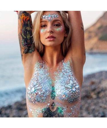 Barode Mermaid Chest Gems Stickers Rhinestones Temporary Breast Tattoo Crystals Art Decor Clubwear Party Rave Festival Body Jewelry for Women and Girls (1PCS)