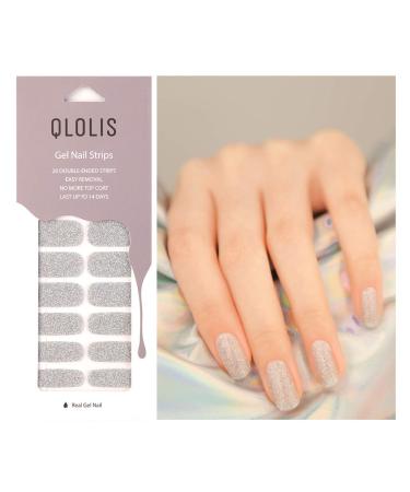 QLOLIS Premium Full Wraps Nail Art Gel Polish 20 Strips Stickers Decals DIY Nails Design Manicure Kit With 1 Nail File (Silver)