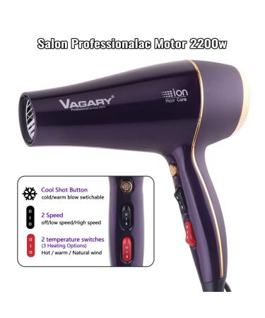 VAGARY Professional Salon Hair Dryer 2200w with Ionic Technology | Powerful AC Motor, Low Noise, 2 Speeds & 2 Heat Settings | Includes Diffuser & Concentrator - Buy Online on GoSupps.com