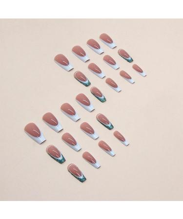 24pcs French Tip False Nails Short Coffin Stick on Nails Pink Press on Nails Glitter Green White Edge Fake Nails Removable Glue-on Nails Acrylic Full Cover Nails Women Girls Nail Art Accessories 0251Y47 0.04 ml (Pack of 24) - Buy Online on GoSupps.com