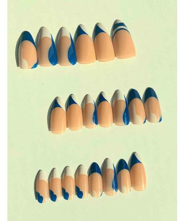 Sankki Almond French Tip Press on Nails - 24Pcs Blue White Abstract Design | Medium Length Nude False Nails for Women and Girls - Buy Online on GoSupps.com