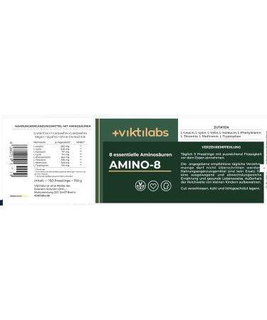 Victilabs Amino 8 - High-Dose Amino Acid Complex | 998mg per Pressing | 100% Vegan EAA | All 8 Essential Amino Acids | 150 Tablets - Boost Your Recovery & Performance - Buy Online on GoSupps.com