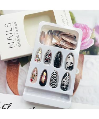 24 Pcs Medium Stiletto Almond Press on Nails - Black & White Punk Design Glue on Acrylic Full Cover - Gothic Anime Cartoon False Nails for Women & Girls - Buy Online on GoSupps.com