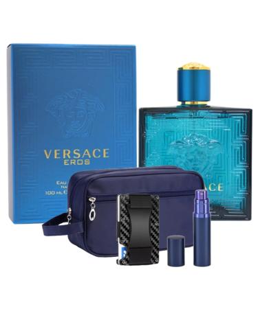 Eros for Men 3.4oz EDT - Luxury Gift Set - Toiletry Bag Fillable Travel Perfume Atomizer and RFID Metal Carbon Fiber Minimalist Wallet