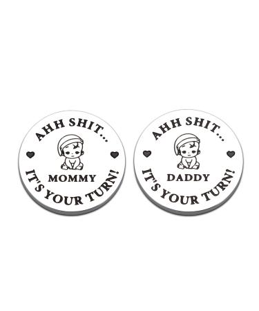 Funny Baby Gift New Dad Mom Decision Coin Gifts for Dad Mom to be, Pregnancy Gifts for First Time Moms Dads Daddy Mummy, Baby Shower Announcement, New Parents Gifts for Fathers Day, Double-Sided Silver