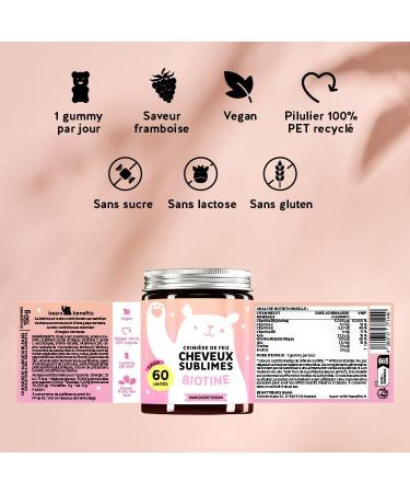Gummies Biotine Ah-mazing Hair Vitamines pour les Cheveux la Peau et les Ongles 5000 g de Biotine Zinc Vitamines B6 B9 C E 60 Unit s (2 Mois) Vegan Sans Sucre Bears with Benefits - Buy Online on GoSupps.com