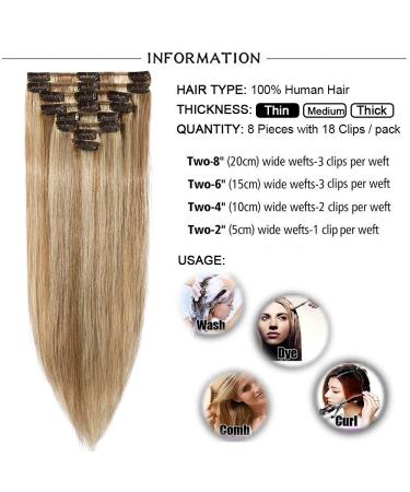 Elailite Clip-in Extensions | Real Human Hair 8 PCs 18 Clips 25cm 50g #12/613 Golden Brown & Bleached Blonde - Buy Online on GoSupps.com