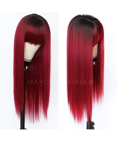 Maycaur Red Color Synthetic Hair Wigs with Full Bangs Black Red Ombre Color Long Straight Women's Wig Heat Resistant Synthetic No Lace Wigs for Fashion Women TRed