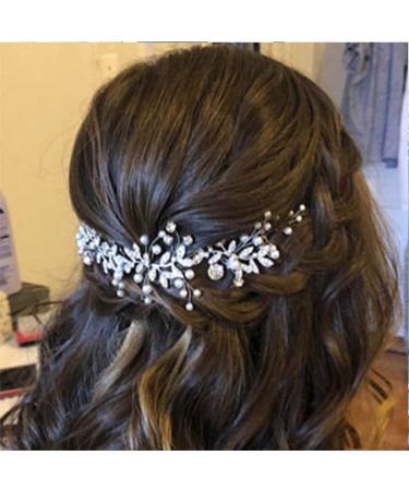 Unsutuo Crystal Bridal Headband Silver Rhinestone Leaves Wedding Hair Vine Pearls Bride Hair Pieces for Women and Girls(Silver)