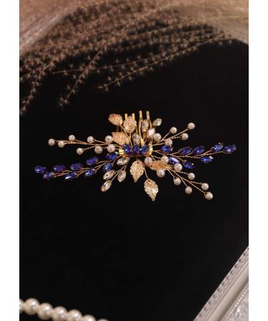 Kercisbeauty Gold Leaf Hair Comb with Blue Crystal Wedding Bridal Hair Piece Pearl Handmade Jewelry for Special Occasion - Buy Online on GoSupps.com